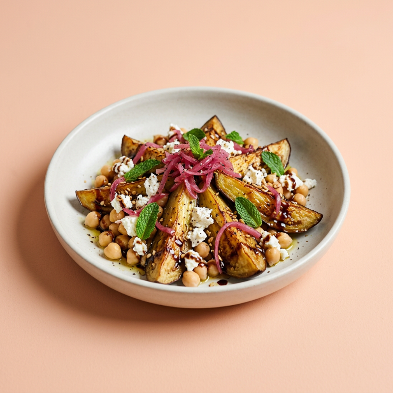 Aubergine, Chickpea and Feta Salad, plated