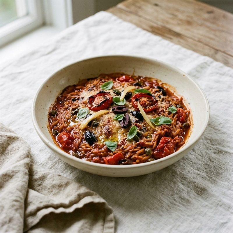 Baked orzo puttanesca, plated