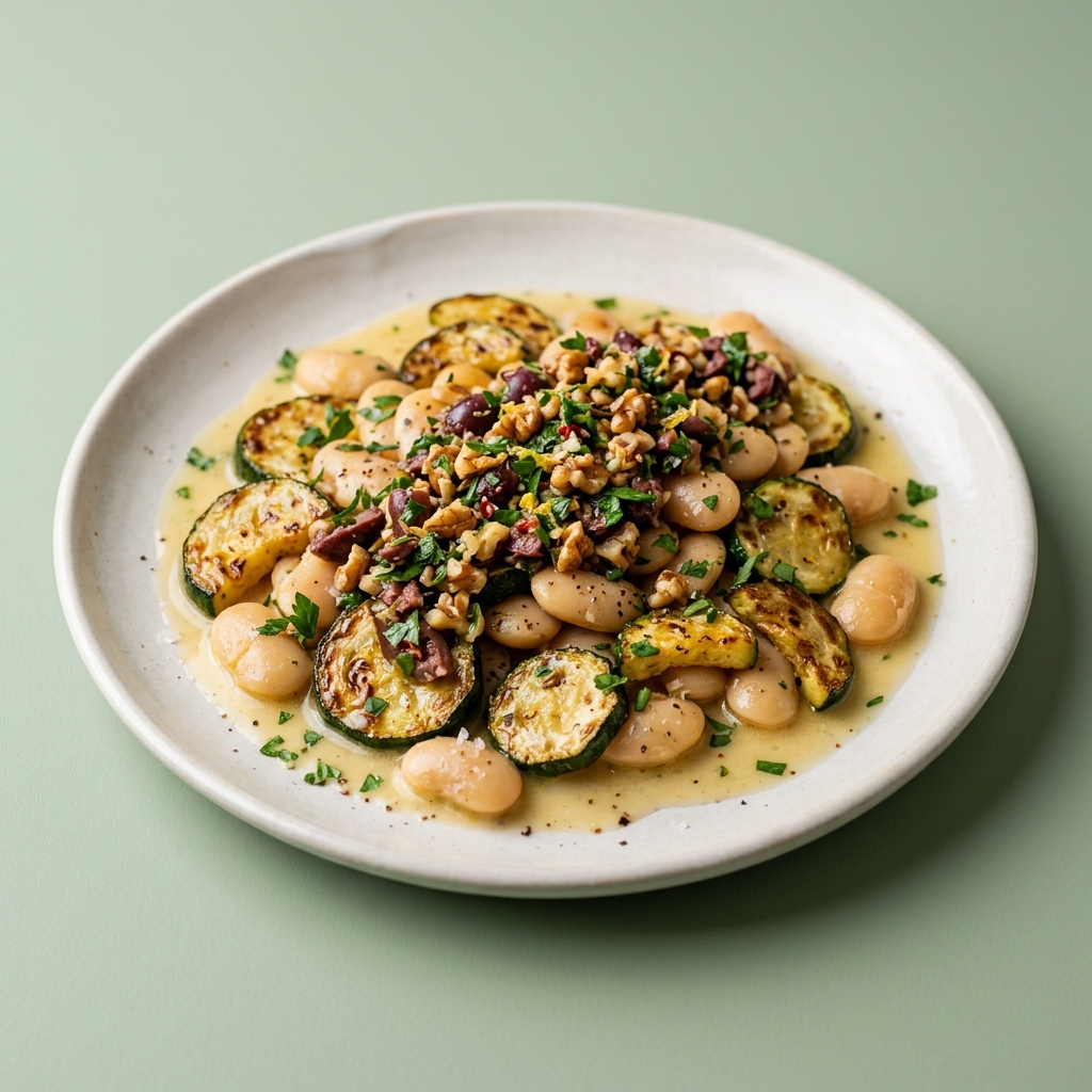 Butter Beans and Courgette in Lemon Sauce with Olive-Walnut Salsa, plated