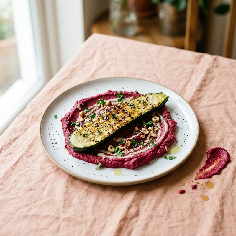 Charred Courgette with Beet Hummus, plated