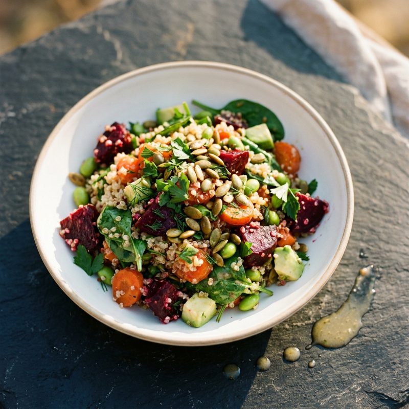 Colorful Beet Salad with Carrot, Quinoa & Spinach, plated