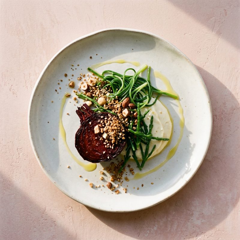 Crapaudine Beetroot, Cheese Custard, Rye Dukkah, Monk’s Beard and Samphire, plated