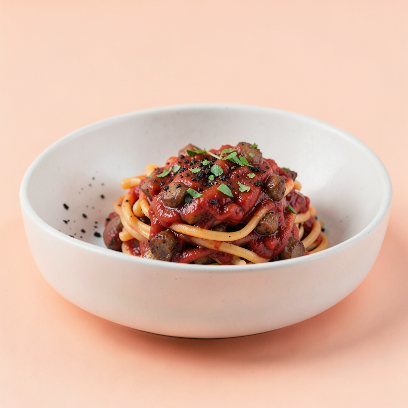 Red Wine-Soaked Sausage Pasta with Dark Chocolate, plated