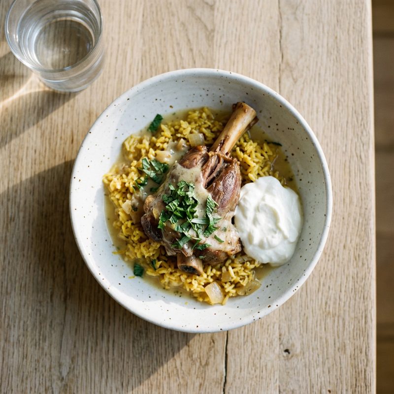 Greek lamb shanks with rice and lemon, plated