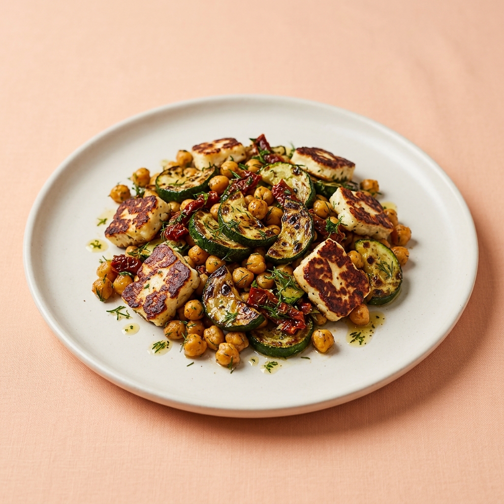 Halloumi, Courgette & Chickpea Salad, plated