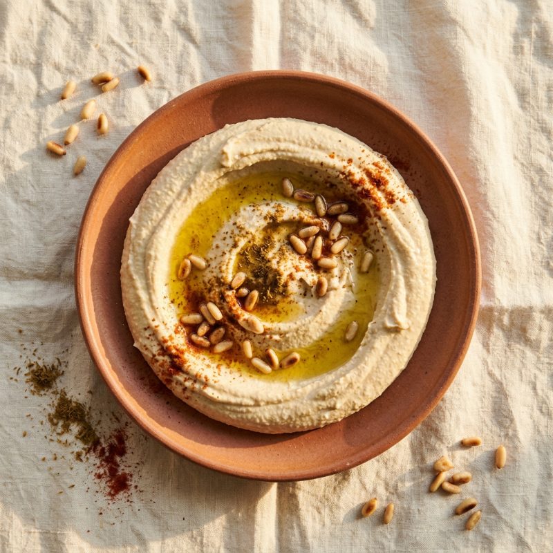 Hummus with tahini, according to Umayya Abu Hanna, plated