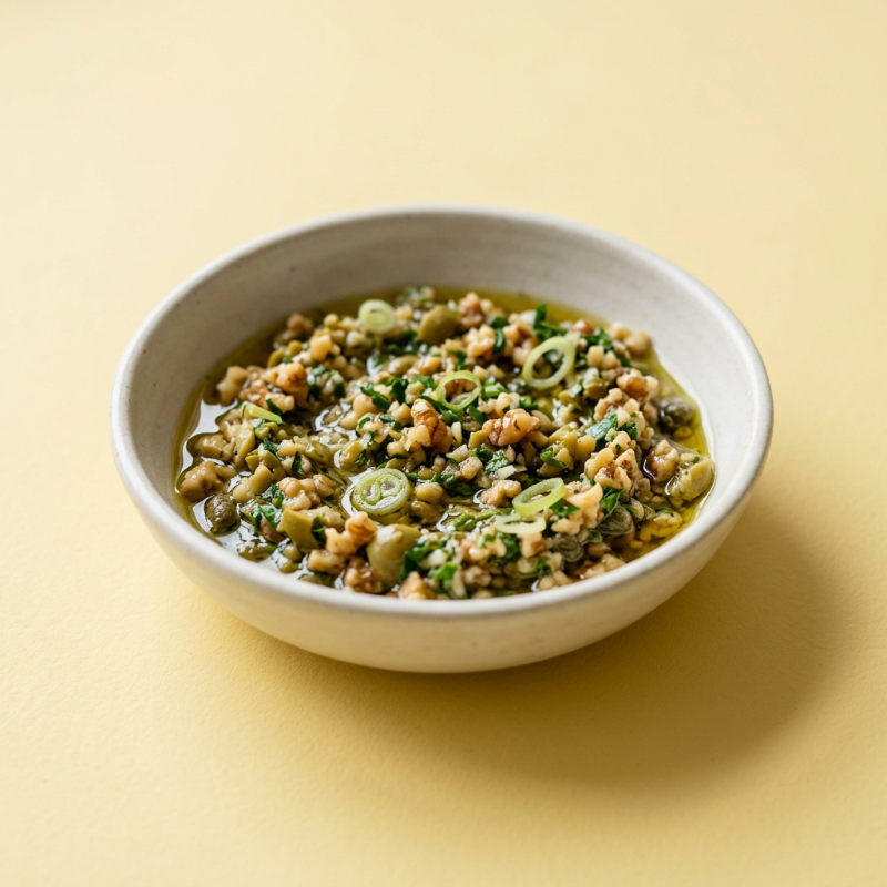 Olive-Walnut Salsa, plated