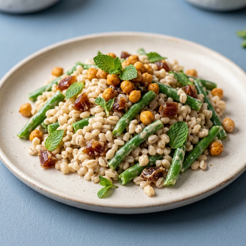 Pearl Barley, Green Bean, Tahini & Date Salad, plated