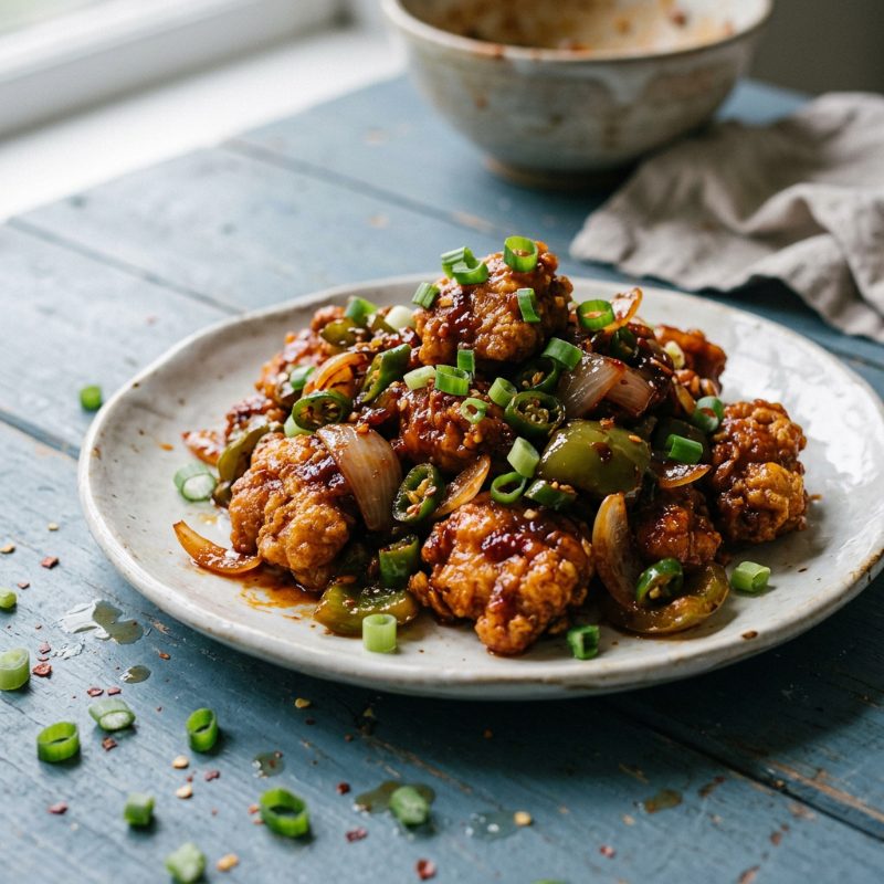 Tangra-Style Dry Chilli Chicken, plated