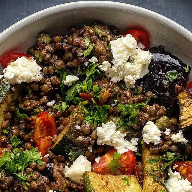 Warm Puy Lentil Salad with Roasted Vegetables, plated