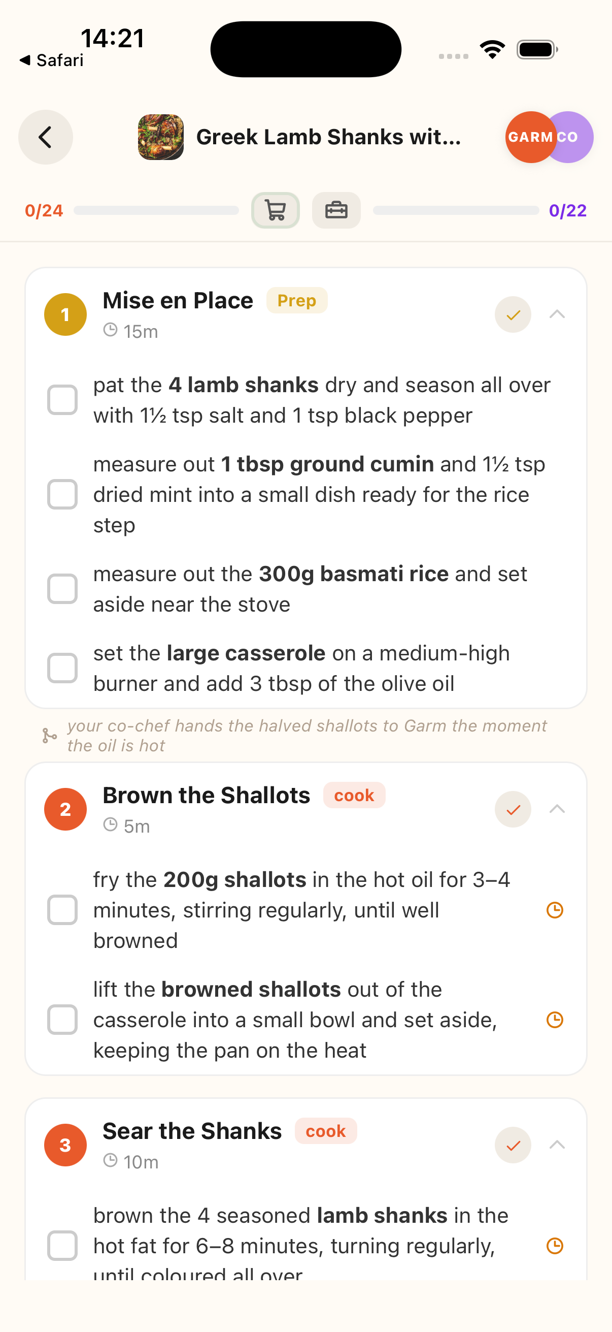 Two cooks working through a synced checklist in Nommer