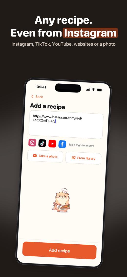 Import recipes from Instagram, TikTok, YouTube, websites or a photo