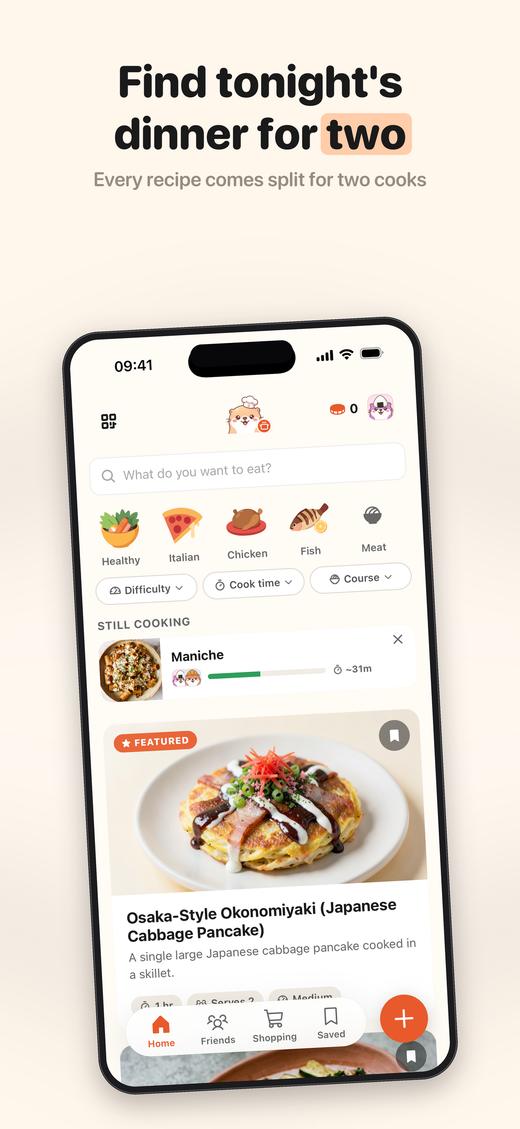 A feed of recipes already split for two cooks