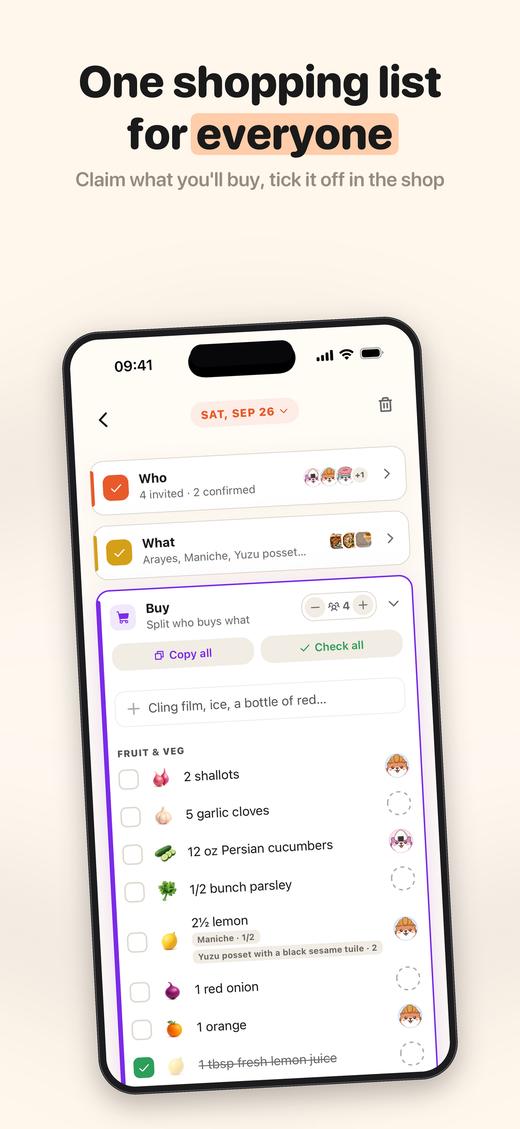 One shared shopping list where everyone claims what they'll buy