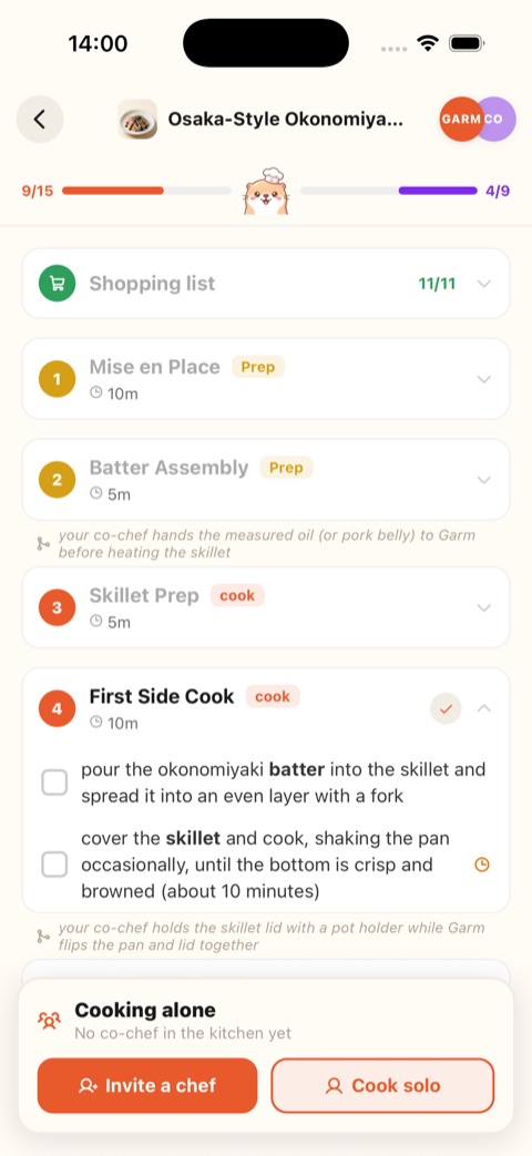 Family cooking together — parent and kid checklists synced in the Nommer app