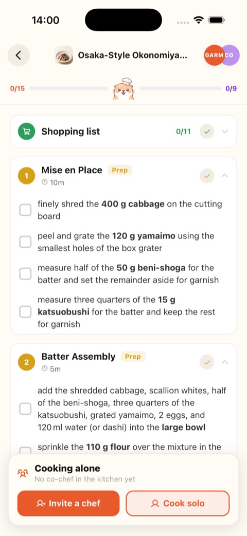 Two cooks following synced checklists from a cook-together recipe