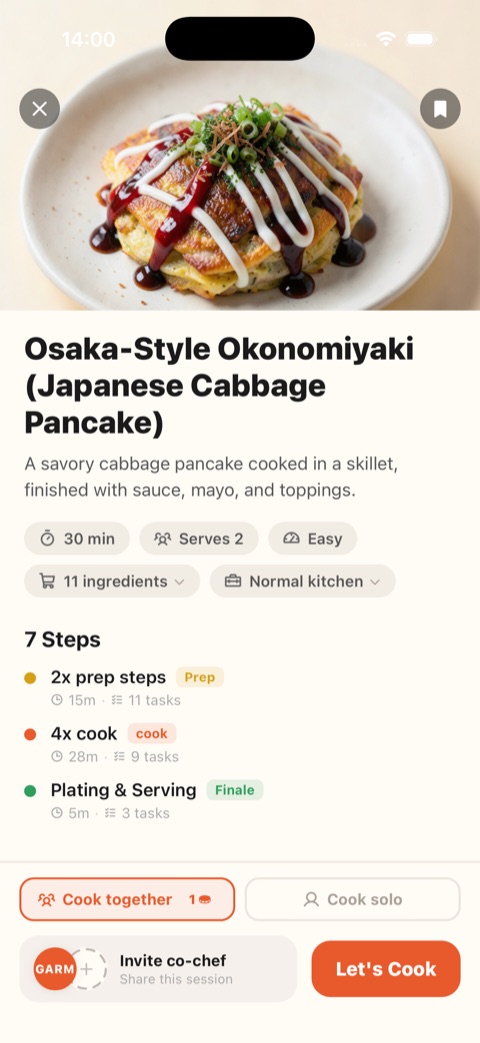 A cookbook recipe split for two cooks in the Nommer app